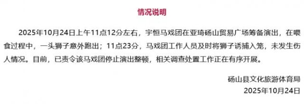 牛操盘 狮子在道路绿化带狂奔？安徽砀山县通报：从马戏团意外跑出，已诱捕入笼